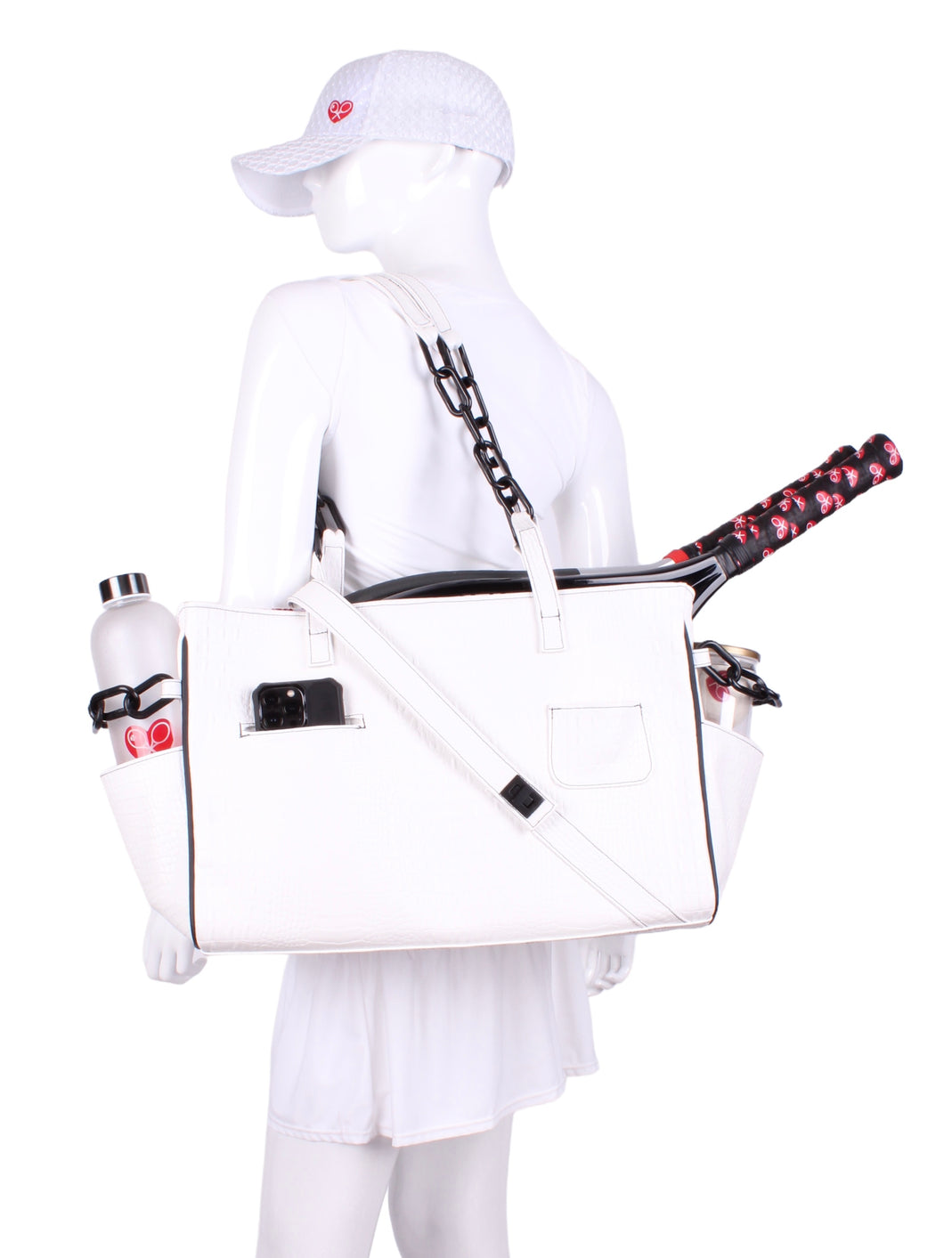 The Long Tennis Tote in White Vegan Alligator is our stylish, sexy and functional tennis bag designed to carry all your essentials for the game. 