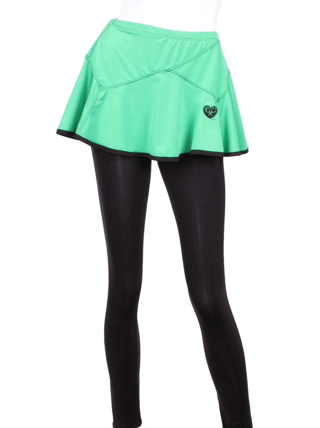 This is our limited edition Triangle Green Skirt with Black Leggings.  This piece has a silky soft and quick-drying and binding to match.  We make these in very small quantities - by design.  Unique.  Luxurious.  Comfortable.  Cool.  Fun.