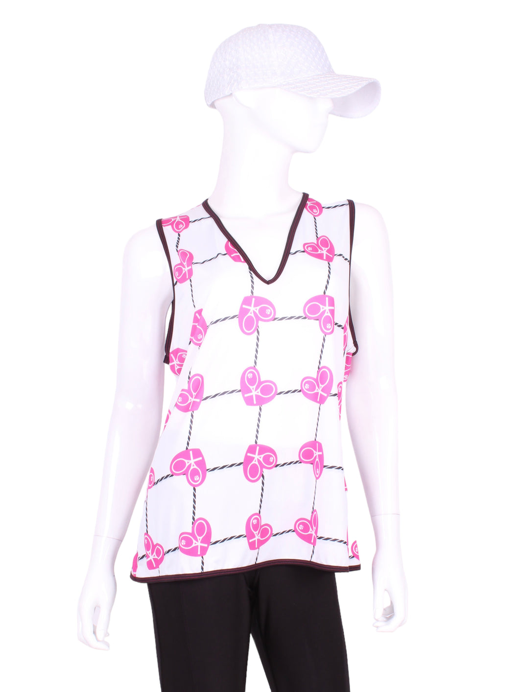 An elegant tennis tank top - silky soft - light - and quick drying breathable fabric.  Vee front and tee back with two needle cover stitch at each seam.  Smooth binding finishes the edges with class.  The most comfortable and feminine tennis top.