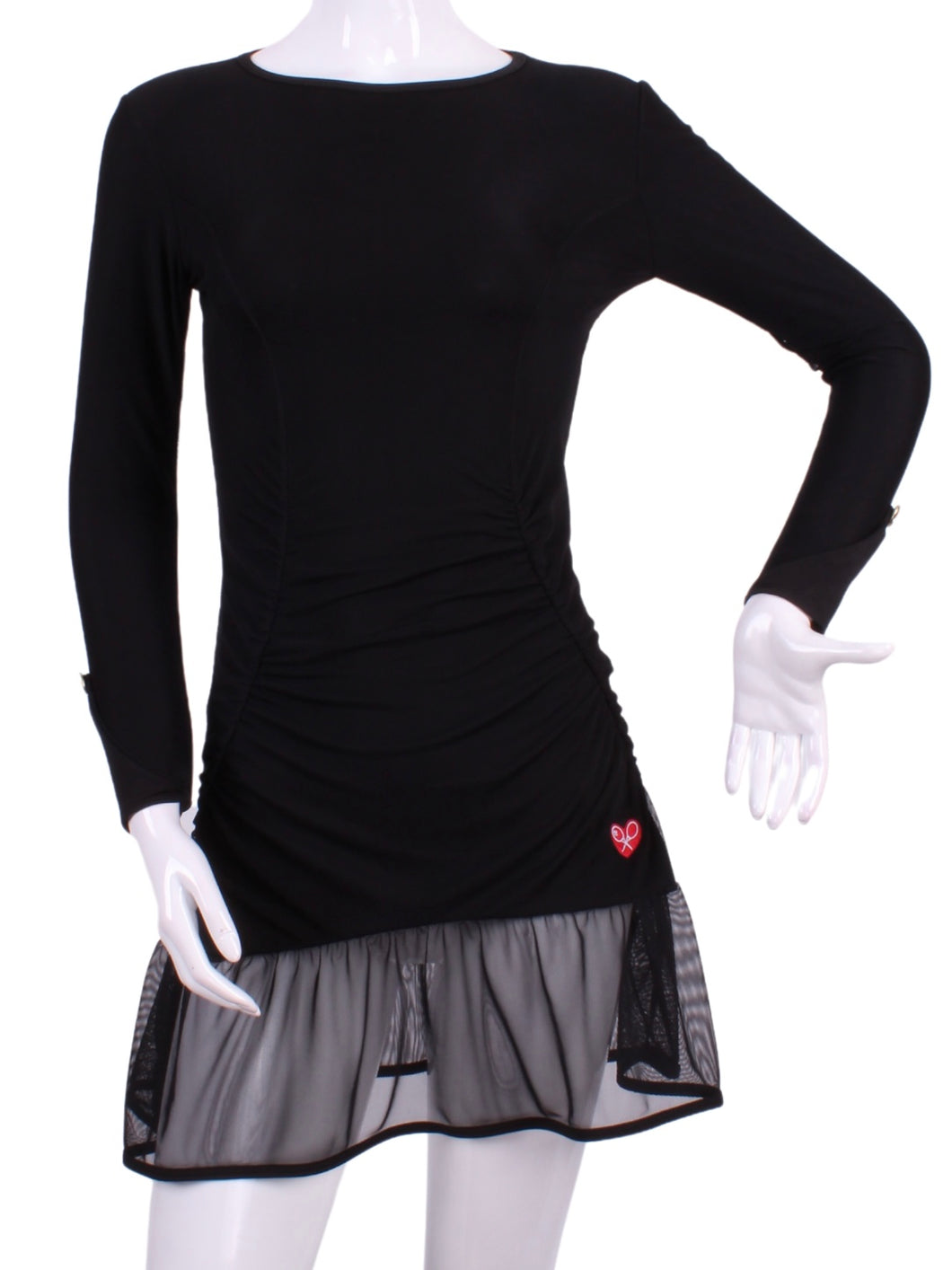 Long Sleeve Monroe Black Mesh Tennis Dress. The Monroe Dress offers a little more coverage around the chest and the arms, but delicately shows your feminine curves. Our dress is fitted, and flares out at the skirt. It is perfect for tennis, running and golf, and of course, a trip to your after-court party with your friends. It was designed for confident women like you! This style is in black with mesh, with a flattering bateau neckline.