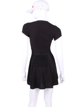 Load image into Gallery viewer, The Adeline Court To Cocktails Tennis Dress Black Mesh On Black. The Adeline Dress offers a playful, fun, and very flirty look. Offers a sweetheart neckline, empire waist and flowing A-line skirt. It is perfect for tennis, running and golf (with our Leg Lengthening Leggings), and of course, a trip to your after-court party with your friends. It was designed for confident women like you!
