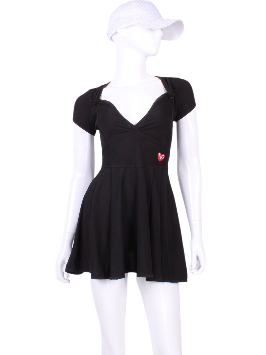 The Adeline Court To Cocktails Tennis Dress Black Mesh On Black. The Adeline Dress offers a playful, fun, and very flirty look. Offers a sweetheart neckline, empire waist and flowing A-line skirt. It is perfect for tennis, running and golf (with our Leg Lengthening Leggings), and of course, a trip to your after-court party with your friends. It was designed for confident women like you!