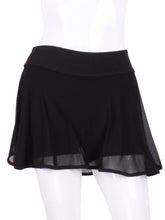 Load image into Gallery viewer, This Black Mesh LOVE &quot;O&quot; Skirt has shorties underneath and NO seams on the &quot;O&quot;!  It&#39;s cut like a doughnut to show and move beautifully as you play.  The fabric is uber soft and light - it dries quickly - and protects from UV rays too.  This skirt has a “nearly naked” feel about it.  The embroidery Heart is Red + Rackets and Ball Black to match the mesh.  A very sheer skirt makes this the lightest and coolest of skirts!
