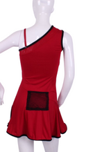 Load image into Gallery viewer, Flirty and alluring.  That&#39;s the Charmaine tennis dress.  Wear this sexy dress from the court to cocktails.  The off the shoulder neck, asymmetrical lines, and side slit make this our most sexy dress.  It is a fitted cut, but lined to give support, and is sewn with our silky soft stretchy fabric.  This dress is short, it sits high on the thigh.  This dress comes with its own one-sided matching soft bra to wear underneath.
