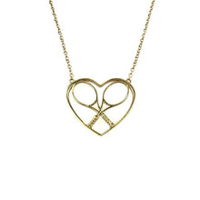 Load image into Gallery viewer, For the true tennis lover - a custom made heart with joint rackets - the logo of the Love Love Tennis brand.  This necklace is made in downtown Los Angeles and the exclusive design by Adeline - and a commitment to the love of tennis.  Each piece is hand cast in solid 14k gold, polished and sent with love.
