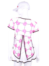 Load image into Gallery viewer, Tie Back Tee Short Sleeve Pink Hearts &amp; Net - I LOVE MY DOUBLES PARTNER!!!
