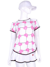 Load image into Gallery viewer, Tie Back Tee Short Sleeve Pink Hearts &amp; Net - I LOVE MY DOUBLES PARTNER!!!
