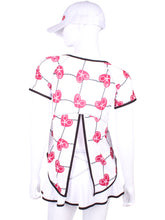 Load image into Gallery viewer, Tie Back Tee Short Sleeve Raspberry Red Hearts &amp; Net - I LOVE MY DOUBLES PARTNER!!!
