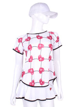 Load image into Gallery viewer, Tie Back Tee Short Sleeve Raspberry Red Hearts &amp; Net - I LOVE MY DOUBLES PARTNER!!!
