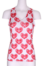 Load image into Gallery viewer, Mid Red Heart on White Vee Tank with White Back - I LOVE MY DOUBLES PARTNER!!!
