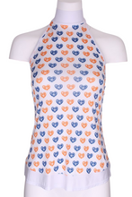 Load image into Gallery viewer, Orange + Blue Heart Halter Top White Trim - I LOVE MY DOUBLES PARTNER!!!
