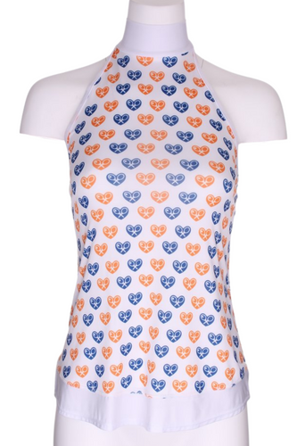 Orange + Blue Heart Halter Top White Trim - I LOVE MY DOUBLES PARTNER!!!