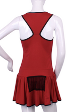 Load image into Gallery viewer, Meet my playful, fun, and very flirty tennis dress The Sandra Dee. I designed it just for you. A tennis player designing for tennis players!  Fits your desire to have a cute outfit, comfortable and sexy, and where you can keep your tennis balls off of your skin!  My exclusive back dry ball pocket looks like a cute tennis net - and more importantly, keeps the yellow fuzz off the thigh!
