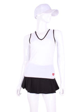 Load image into Gallery viewer, White Straight Back Vee Tank The simply elegant Vee Tank has a little vee in the front and a straight back.  Designed by a tennis player for comfort AND luxury - the pattern is made for a real woman’s body with curves and all!  The fabric is stretchy and soft.  As with all of our apparel - it’s designed and hand made in Downtown Los Angeles - from silky imported fabric.
