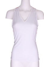 Load image into Gallery viewer, White Vee Tank with Mid Heart Mesh on Back - I LOVE MY DOUBLES PARTNER!!!
