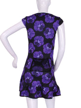 Load image into Gallery viewer, The Monroe Dress has capped sleeves, and moon-shaped ruching in the waistline to accentuate your curves.  This print is very limited, the Purple Pansy, with a flattering scoop neckline.  Glide around in your Court To Cocktail Tennis dress.  Handmade in Los Angeles.
