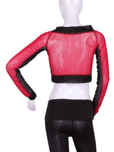 Load image into Gallery viewer, Red Mesh Vee Crop Top with Black Mesh - I LOVE MY DOUBLES PARTNER!!!
