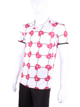 Load image into Gallery viewer, Short Men’s Polo Shirt Raspberry Red Hearts &amp; Net. This is our limited edition Men’s Polo with Rasp Red Hearts and Net.   This piece has a silky and soft fabric.   We make these in very small quantities - by design.  Unique.  Luxurious.  Comfortable.  Cool.  Fun.
