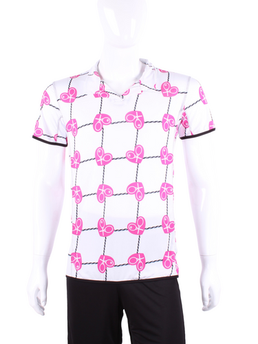 This is our limited edition Men’s Polo with Pink Hearts and Net.   This piece has a silky and soft fabric.   We make these in very small quantities - by design.  Unique.  Luxurious.  Comfortable.  Cool.  Fun.