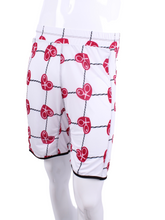 Load image into Gallery viewer, This is our limited edition Men’s Shorts with Raspberry Red Hearts and Net.  This piece has a silky and soft fabric. Back pockets to hold tennis balls.  We make these in very small quantities - by design.  Unique.  Luxurious.  Comfortable.  Cool.  Fun.
