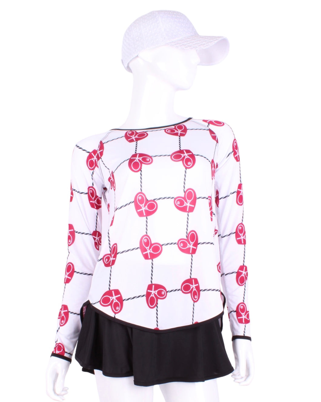 This is our limited edition Tie Back Long Sleeve Top Raspberry Red Hearts & Net.  This piece has a silky and soft fabric. - by design.  Unique.  Luxurious.  Comfortable.  Cool.  Fun.