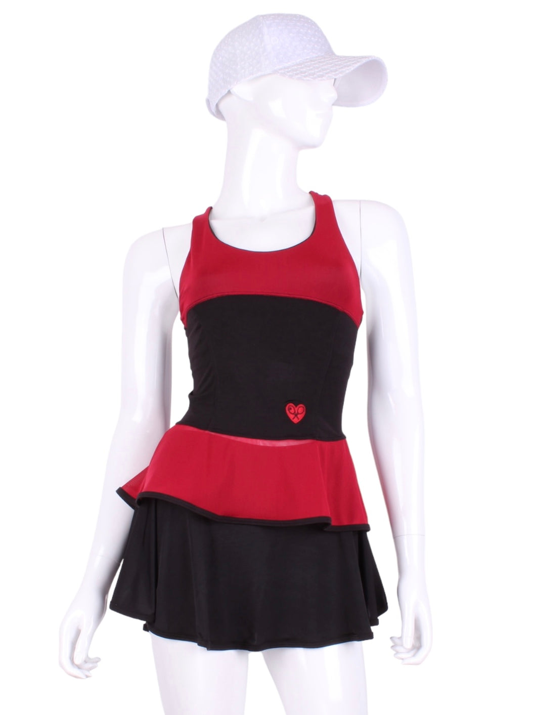 Ruffle Tank Tennis Top Black & Red Mesh. An elegant tennis ruffle top - silky soft - light - and quick-drying breathable fabric.   Scoop neckline front and crossed back with two-needle cover stitch at each seam.   Smooth binding finishes the edges with class.  The most comfortable and feminine tennis top.  These pieces run small for a more petite woman - under 5’8” - for the medium max 34 D