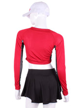 Load image into Gallery viewer, Red + Black Mesh Crop Top. These short tops offer great chest and arm protection from the sun, but have mesh under the arm to keep you COOL while you play.  Designed very short to allow for access to the back pocket on my court to cocktails tennis dresses.
