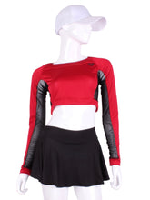 Load image into Gallery viewer, Red + Black Mesh Crop Top. These short tops offer great chest and arm protection from the sun, but have mesh under the arm to keep you COOL while you play.  Designed very short to allow for access to the back pocket on my court to cocktails tennis dresses.
