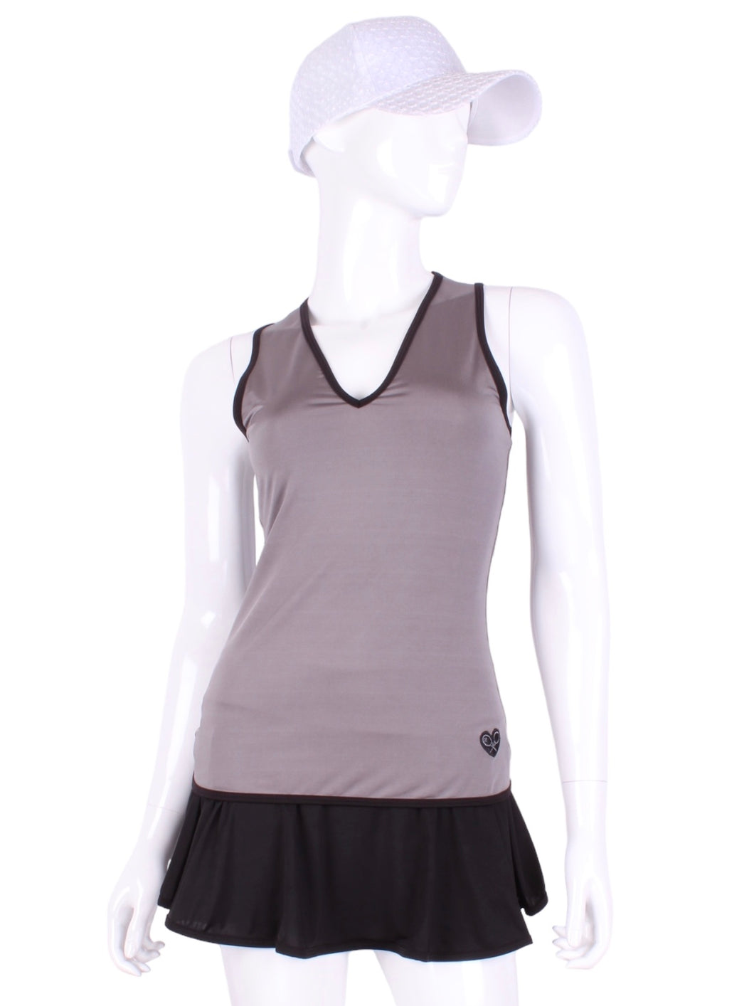 Straight Back Vee Tank Grey. The simply elegant Vee Tank has a little vee in the front and a straight back.  Designed by a tennis player for comfort AND luxury - the pattern is made for a real woman’s body with curves and all!  The material is stretchy and soft.  As with all of our apparel - it’s designed and hand made in Downtown Los Angeles - from imported fabric.