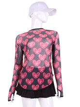 Load image into Gallery viewer,    Heart Mesh Red + Black Mesh Long Sleeve Crew Tee. The super cool and totally see-though Long Sleeve Crew Tee!  I designed this top to look flattering AND allow maximum air flow through my mesh back and side panels.  The harder you play - the more SWOOSH OF AIR FLOW you create.  Be your own FAN.  Literally.  Keep cool.  Keep shaded.  Keep dry.  Look awesome.
