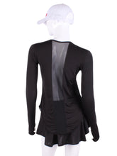 Load image into Gallery viewer, Longer Black + Black Mesh Long Sleeve Crew Tee. The most coverage of all my tops - with the Long Sleeve Crew Tee you can cover your chest AND your arms and back of hands thanks to the thumb hole.  This Top is Longer by 1&quot; for even more coverage!  However - you still stay cool!  I designed this top to look flattering AND allow maximum air flow through my mesh back and side panels.  The harder you play - the more SWOOSH OF AIR FLOW you create.
