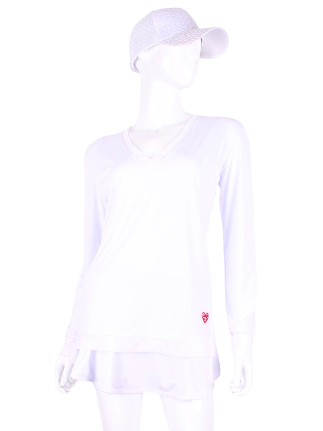 White + White Mesh Trim Long Sleeve Very Vee Tee. This top is soooo gorgeous!  The collar and cuffs are accented with feminine mesh and the body is flowy and soft.  It’s called the Long Sleeve Very Vee Tee - because as you can see - the Vee is - well you know - VERY VEE!  For the tennis lady who loves to leave her chest open - but cover her arms (and other bits) this top is seductive in a sweet way!