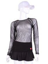 Load image into Gallery viewer,  Black Mesh Open Back Long Sleeve Crew Tee. Long Sleeve and Crew Neck but open back black mesh - completely see through and cool - with a soft layer of thin fabric.  I designed this top to look flattering AND allow maximum air flow through my mesh back and side panels.  The harder you play - the more SWOOSH OF AIR FLOW you create.  Be your own FAN.  Literally.  Keep cool.  Keep shaded.  Keep dry.  Look awesome.
