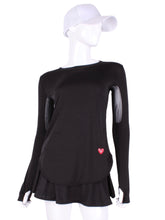 Load image into Gallery viewer, Longer Black + Black Mesh Long Sleeve Crew Tee. The most coverage of all my tops - with the Long Sleeve Crew Tee you can cover your chest AND your arms and back of hands thanks to the thumb hole.  This Top is Longer by 1&quot; for even more coverage!  However - you still stay cool!  I designed this top to look flattering AND allow maximum air flow through my mesh back and side panels.  The harder you play - the more SWOOSH OF AIR FLOW you create.

