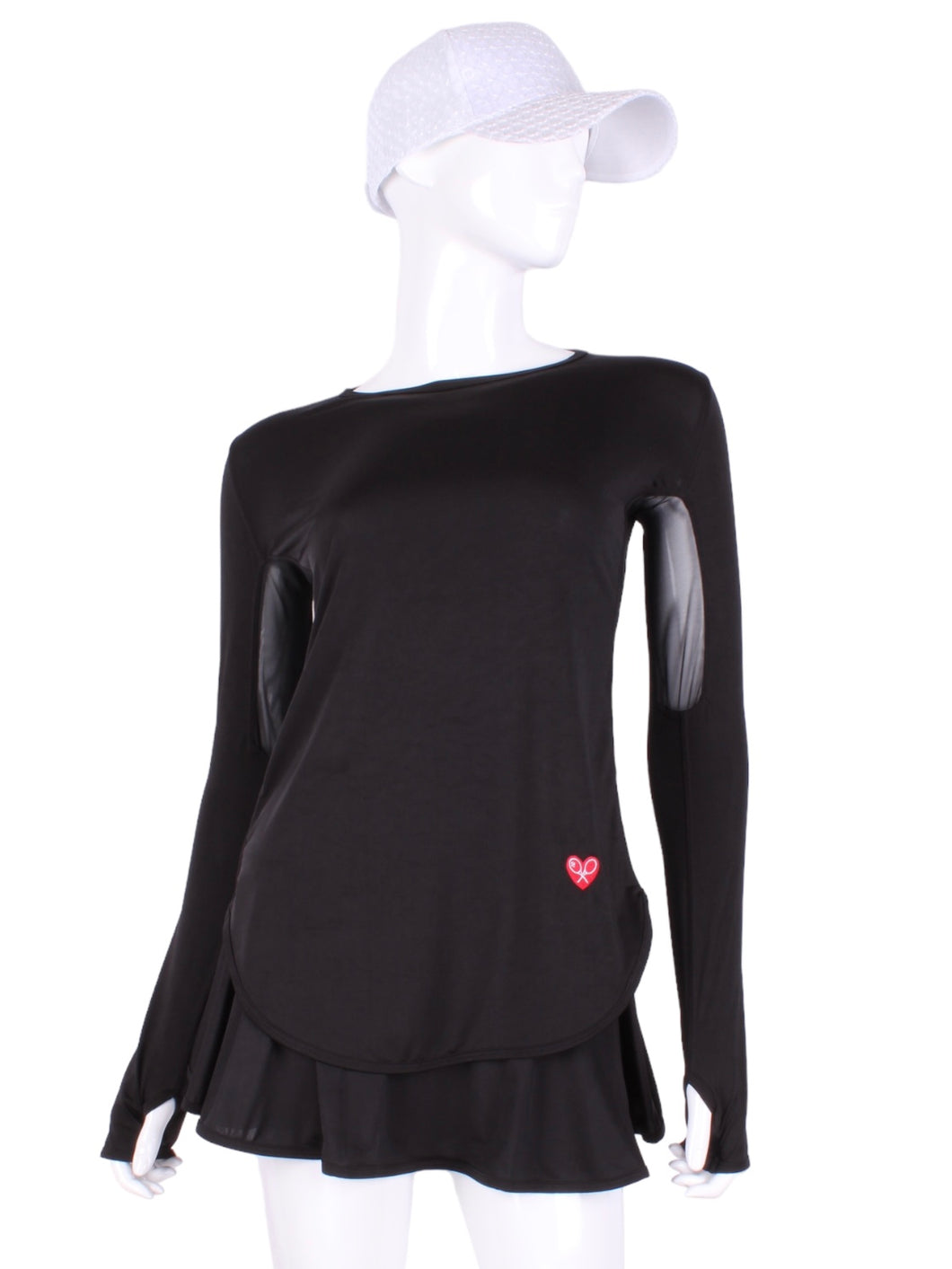 Longer Black + Black Mesh Long Sleeve Crew Tee. The most coverage of all my tops - with the Long Sleeve Crew Tee you can cover your chest AND your arms and back of hands thanks to the thumb hole.  This Top is Longer by 1