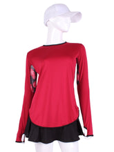 Load image into Gallery viewer, Soft Red Long Sleeve Crew Tee with Heart Trim. The most coverage of all my tops - with the Long Sleeve Crew Tee you can cover your chest AND your arms and back of hands thanks to the thumb hole.  However - you still stay cool!  I designed this top to look flattering AND allow maximum air flow through my mesh back and side panels.  The harder you play - the more SWOOSH OF AIR FLOW you create.  Be your own FAN.  Literally.  Keep cool.  Keep shaded.  Keep dry.  Look awesome.
