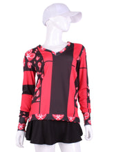 Load image into Gallery viewer, Thicker Mondrian Long Sleeve Very Vee Tee. It’s called the Long Sleeve Very Vee Tee - because as you can see - the Vee is - well you know - VERY VEE!  For the tennis lady who loves to leave her chest open - but cover her arms (and other bits) this top is seductive in a sweet way!  You feel nearly naked in it.  So go ahead - hit that ace!  Flattering and free - that’s what this top is.  The most preppy of my tops - looks just as good tied around the shoulders as it does on.
