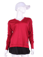 Load image into Gallery viewer, Raspberry Red Long Sleeve Very Vee Tee. This top is soooo gorgeous!    It’s called the Long Sleeve Very Vee Tee - because as you can see - the Vee is - well you know - VERY VEE!  For the tennis lady who loves to leave her chest open - but cover her arms (and other bits) this top is seductive in a sweet way!  You feel nearly naked in it.  So go ahead - hit that ace!  Flattering and free - that’s what this top is.  The most preppy of my tops - looks just as good tied around the shoulders as it does on.

