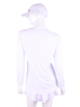 Load image into Gallery viewer, White + White Mesh Trim Long Sleeve Very Vee Tee. This top is soooo gorgeous!  The collar and cuffs are accented with feminine mesh and the body is flowy and soft.  It’s called the Long Sleeve Very Vee Tee - because as you can see - the Vee is - well you know - VERY VEE!  For the tennis lady who loves to leave her chest open - but cover her arms (and other bits) this top is seductive in a sweet way!
