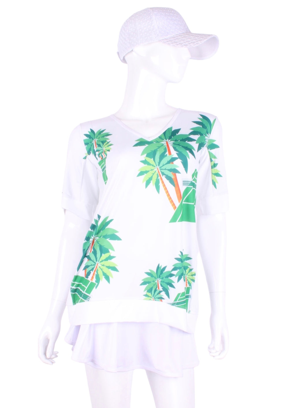  Palm Trees + Court Baggy Vee Tee. The very comfortable Baggy Vee Tee is so cool and easy to wear.  For the lady that likes a little room when she plays - the feminine top is flowing in the air.  This Palm Trees + Tennis Court on a white background has a white stripe down the sides, hem, collar, and cuff.