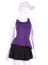 Load image into Gallery viewer, Ruffle Tank Tennis Top Purple. An elegant tennis ruffle top - silky soft - light - and quick-drying breathable fabric.   Scoop neckline front and crossed back with two-needle cover stitch at each seam.   Smooth binding finishes the edges with class.  The most comfortable and feminine tennis top.  These pieces run small for a more petite woman - under 5’8” - for the medium max 34 D
