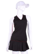 Load image into Gallery viewer, Limited Black Vee Tank with Red Stitching. An elegant tennis tank top - silky soft - light - and quick drying breathable fabric.  Vee front and tee back with two needle cover stitch at each seam.  Smooth binding finishes the edges with class.  The most comfortable and feminine tennis top.

