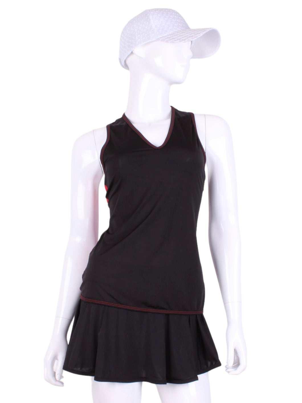 Limited Black Vee Tank with Red Stitching. An elegant tennis tank top - silky soft - light - and quick drying breathable fabric.  Vee front and tee back with two needle cover stitch at each seam.  Smooth binding finishes the edges with class.  The most comfortable and feminine tennis top.