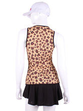 Load image into Gallery viewer, Leopard Vee Tank. A fun tennis tank top - with Leopard Bring - and quick-drying breathable fabric.  Vee front and tee back with two-needle cover stitches at each seam.   Smooth black binding and black stitching finishes the edges with a touch of sass.  
