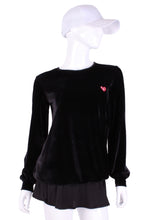 Load image into Gallery viewer, Black Velvet Long Sleeve Warm Up Top. This long sleeve top is the most feminine and flowing of my collection.  It is comfortable with binding on the neckline, poofy at the wrists and soft hem at the hips.  The fabrics are super soft yet warm.    Fully machine washable. Hang to dry.  Designed by Adeline, and proudly sewn in Los Angeles from lovely imported fabric.
