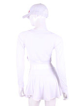 Load image into Gallery viewer, White + White Mesh Crop Top. These short tops offer great chest and arm protection from the sun, but have mesh under the arm to keep you COOL while you play. Designed very short to allow for access to the back pocket on my court to cocktails tennis dresses.

