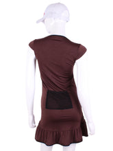 Load image into Gallery viewer, The Monroe Dress delicately shows your feminine curves. It is a fitted dress, until the bottom where there is a cute ruffle. These Brown pieces are very limited edition - only one made per size.
