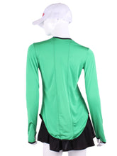 Load image into Gallery viewer, Long Sleeve Crew Soft Green with Black Trim. This long sleeve top is the most feminine and flowing of my collection.  It is comfortable with binding on the neckline, poofy at the wrists and soft hem at the hips.  The fabrics are super soft yet warm.    Fully machine washable.  Hang to dry.  Designed by Adeline, and proudly sewn in Los Angeles from lovely imported fabric.
