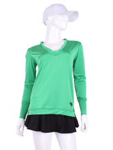 Load image into Gallery viewer, Green Long Sleeve Very Vee Tee. This top is soooo gorgeous!    It’s called the Long Sleeve Very Vee Tee - because as you can see - the Vee is - well you know - VERY VEE!  For the tennis lady who loves to leave her chest open - but cover her arms (and other bits) this top is seductive in a sweet way!  You feel nearly naked in it.  So go ahead - hit that ace!  Flattering and free - that’s what this top is.  The most preppy of my tops - looks just as good tied around the shoulders as it does on! 

