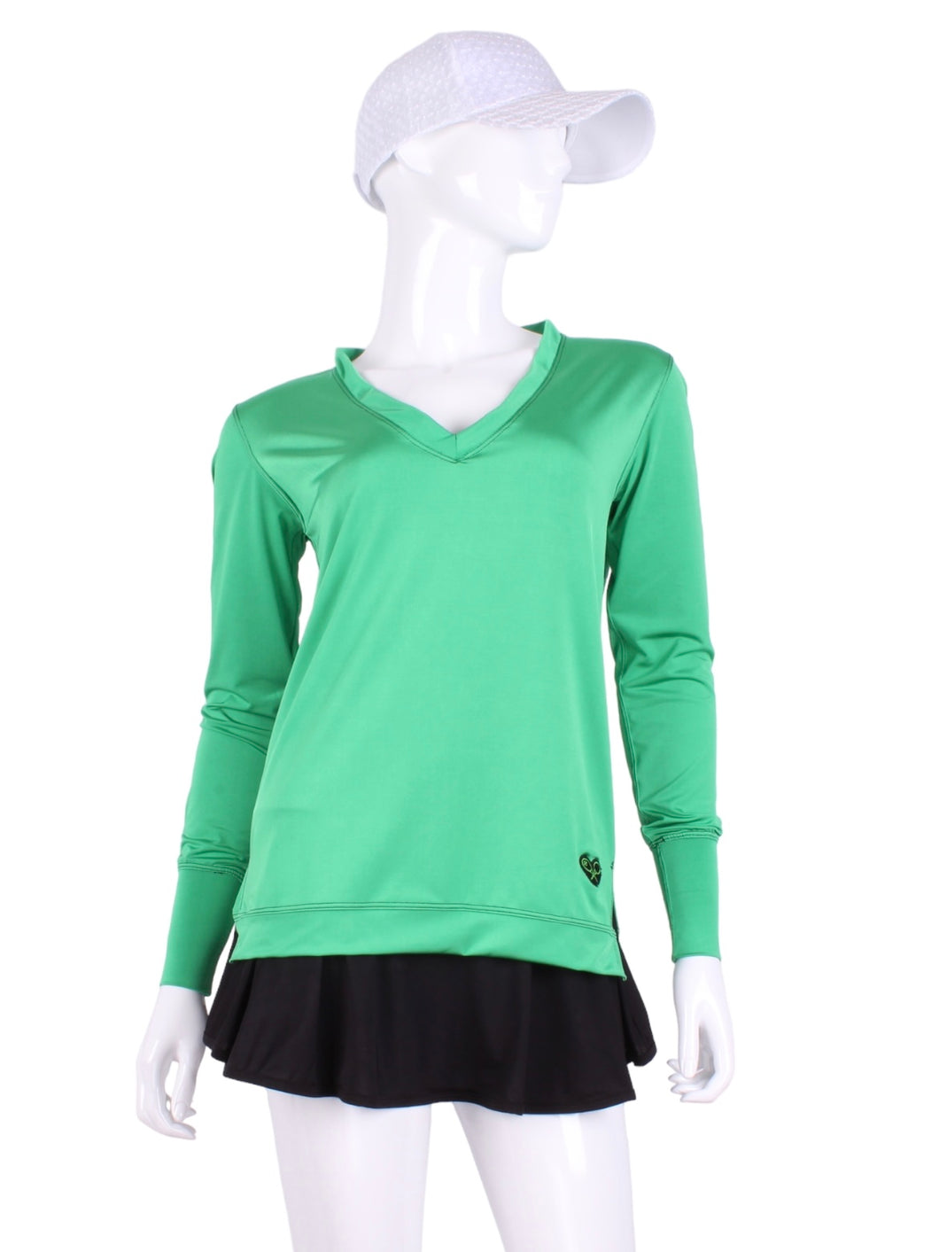 Green Long Sleeve Very Vee Tee. This top is soooo gorgeous!    It’s called the Long Sleeve Very Vee Tee - because as you can see - the Vee is - well you know - VERY VEE!  For the tennis lady who loves to leave her chest open - but cover her arms (and other bits) this top is seductive in a sweet way!  You feel nearly naked in it.  So go ahead - hit that ace!  Flattering and free - that’s what this top is.  The most preppy of my tops - looks just as good tied around the shoulders as it does on! 